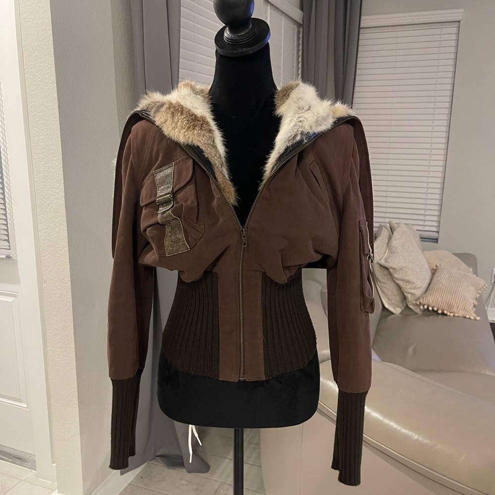 Y2K Stunning LaROK Luxe rabbit fur open hoodie zip up baddie jacket Sz M